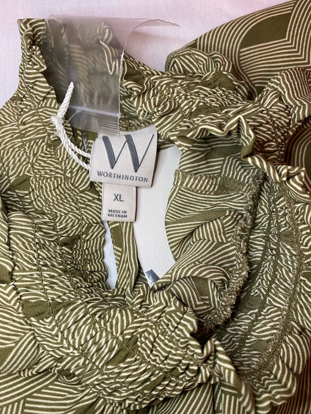 Worthington Olive Green Abstract-Print Long-Sleeve Smocked Blouse - Picture 9 of 12